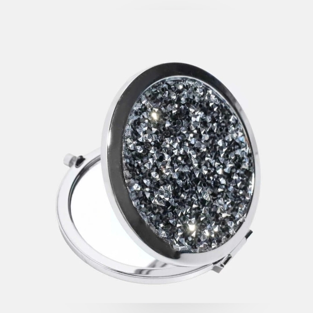 Black & Silver Rhinestone Metal Compact Mirror - New